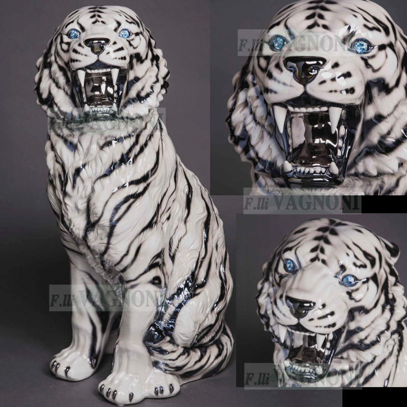 STATUA TIGRE GIGANTE IN CERAMICA CON SWAROSKY CM 92 -ANIMALI